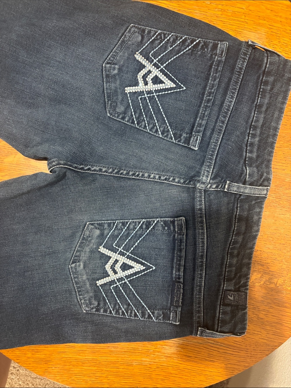 7 For All Mankind Dark Blue Bootcut Jeans with Rhinestone Back Pocket Detail